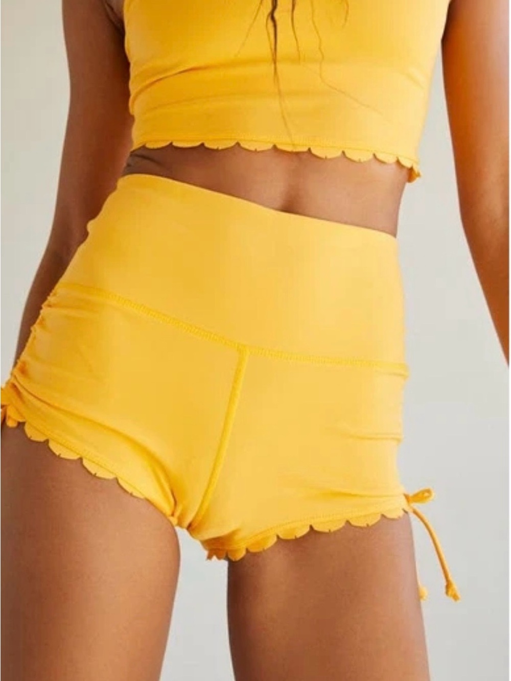 Free People Suns Out Scalloped Ruched Yellow High-Waist Shorts